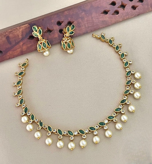 Premium kemp stone pearl hanging necklace product code 838