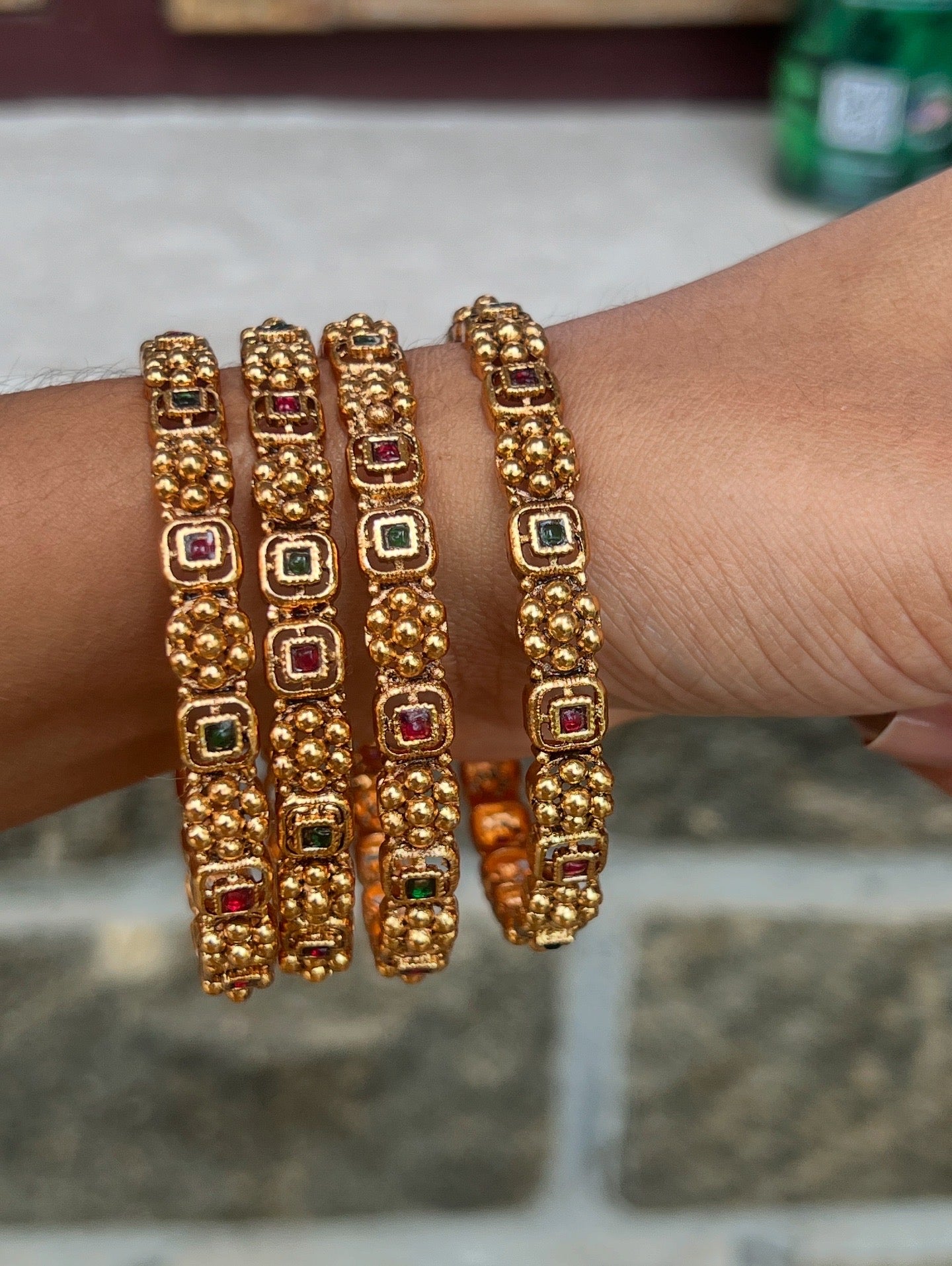 Premium matte finish ruby green stone bangles set of 4