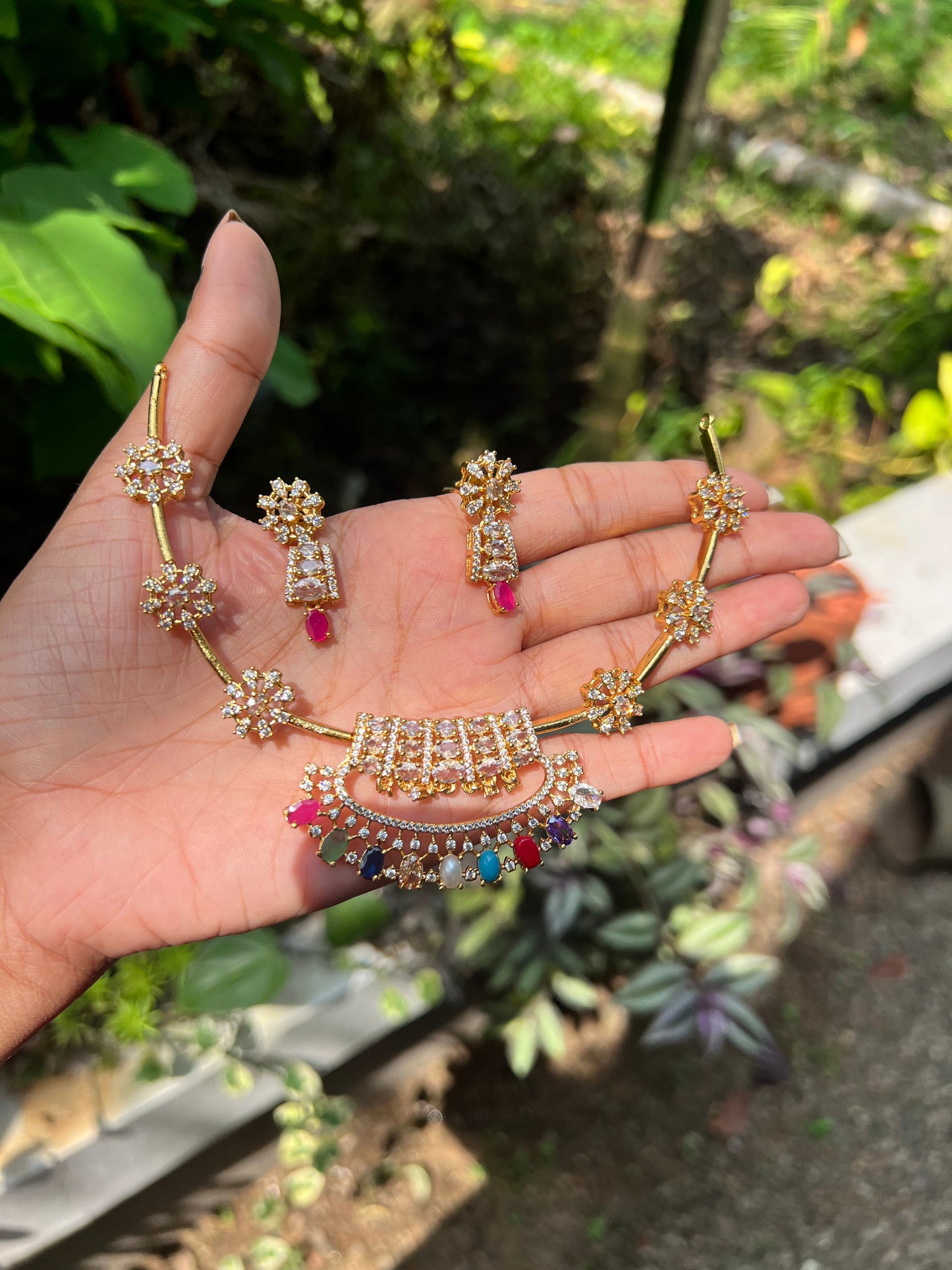 Premium Navarathna ad designer necklace set product code N411