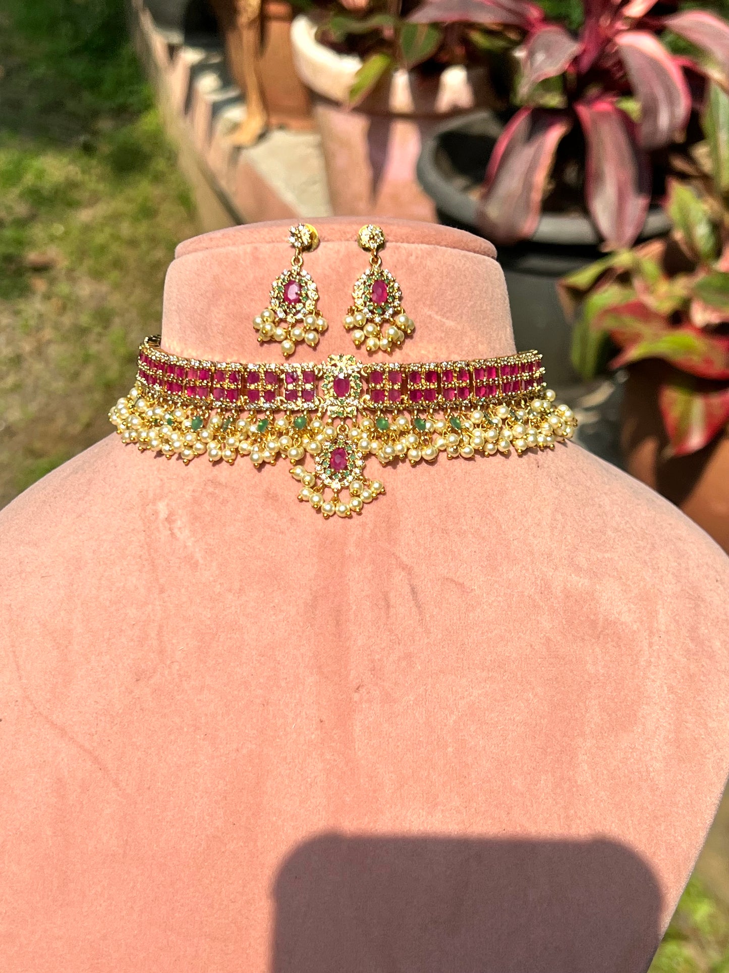 Premium kemp stone guttapusalu high neck choker set product code 1254