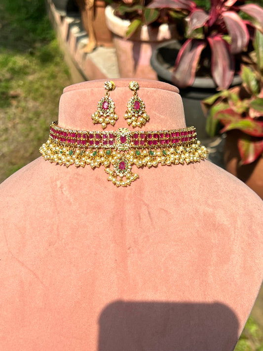 Premium kemp stone guttapusalu high neck choker set product code 1254