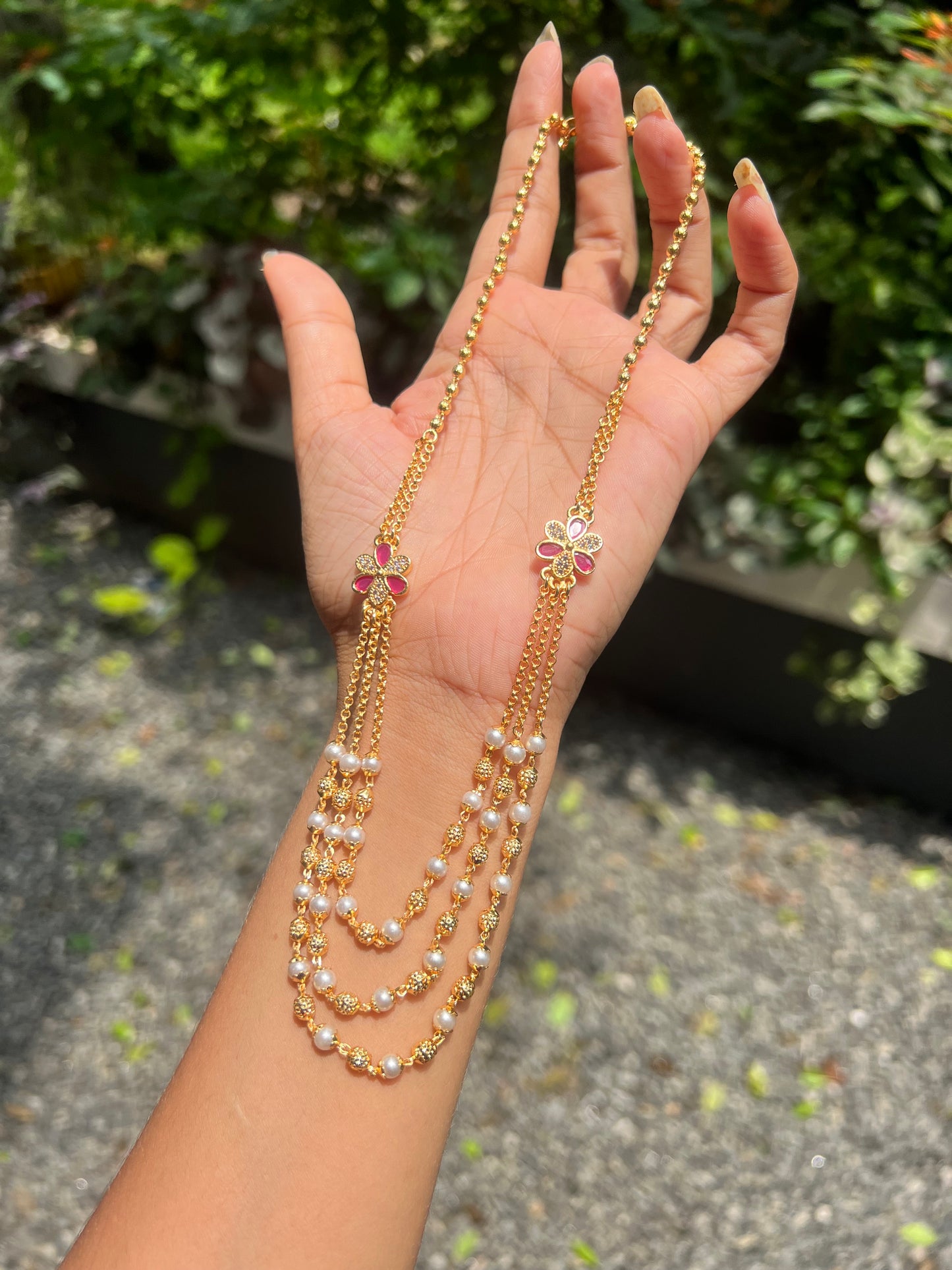 Gold plated 3 layer fancy gold ball and pearl short haram product code T71