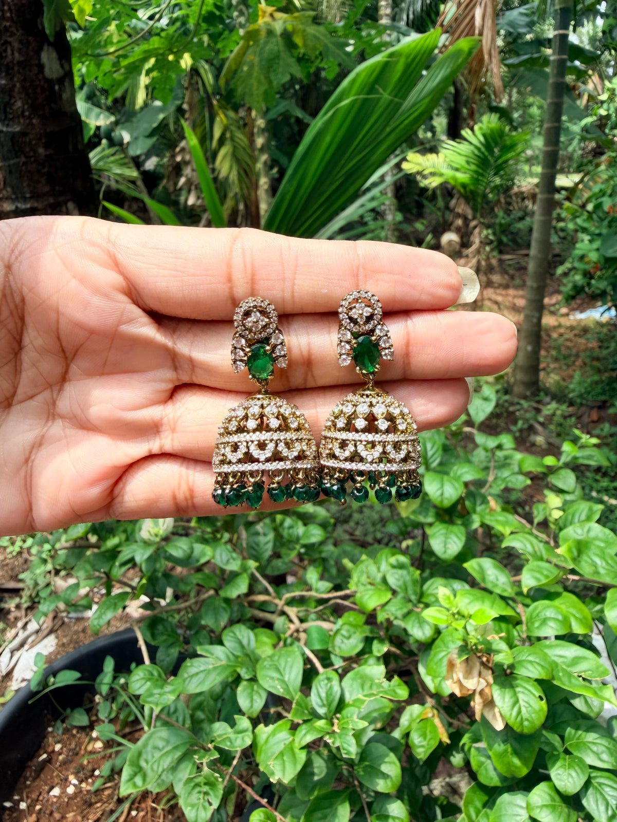 Premium quality ad green stone hanging jhumka Product code E258