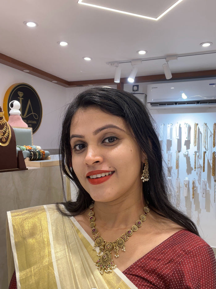 Premium quality antique gold ruby stone with peacock peal hanging necklace set product code T12