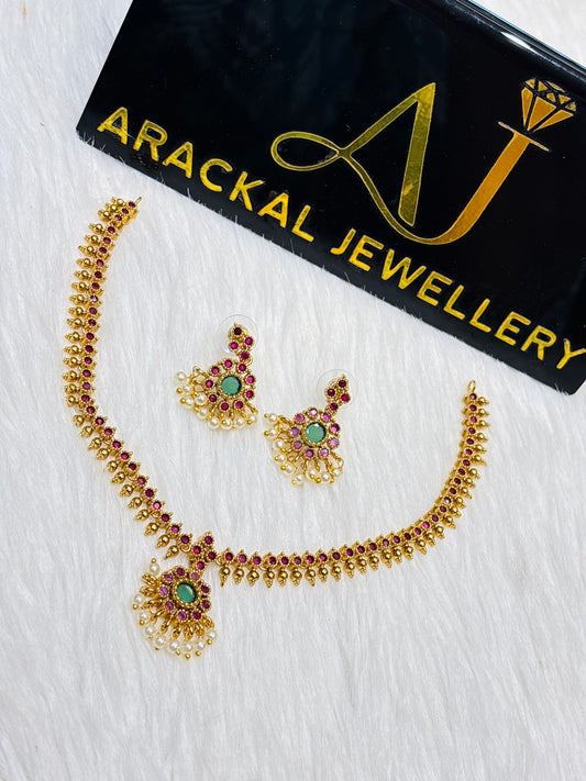 Premium trending  traditional attigai kemp ruby with green necklace set product code N400