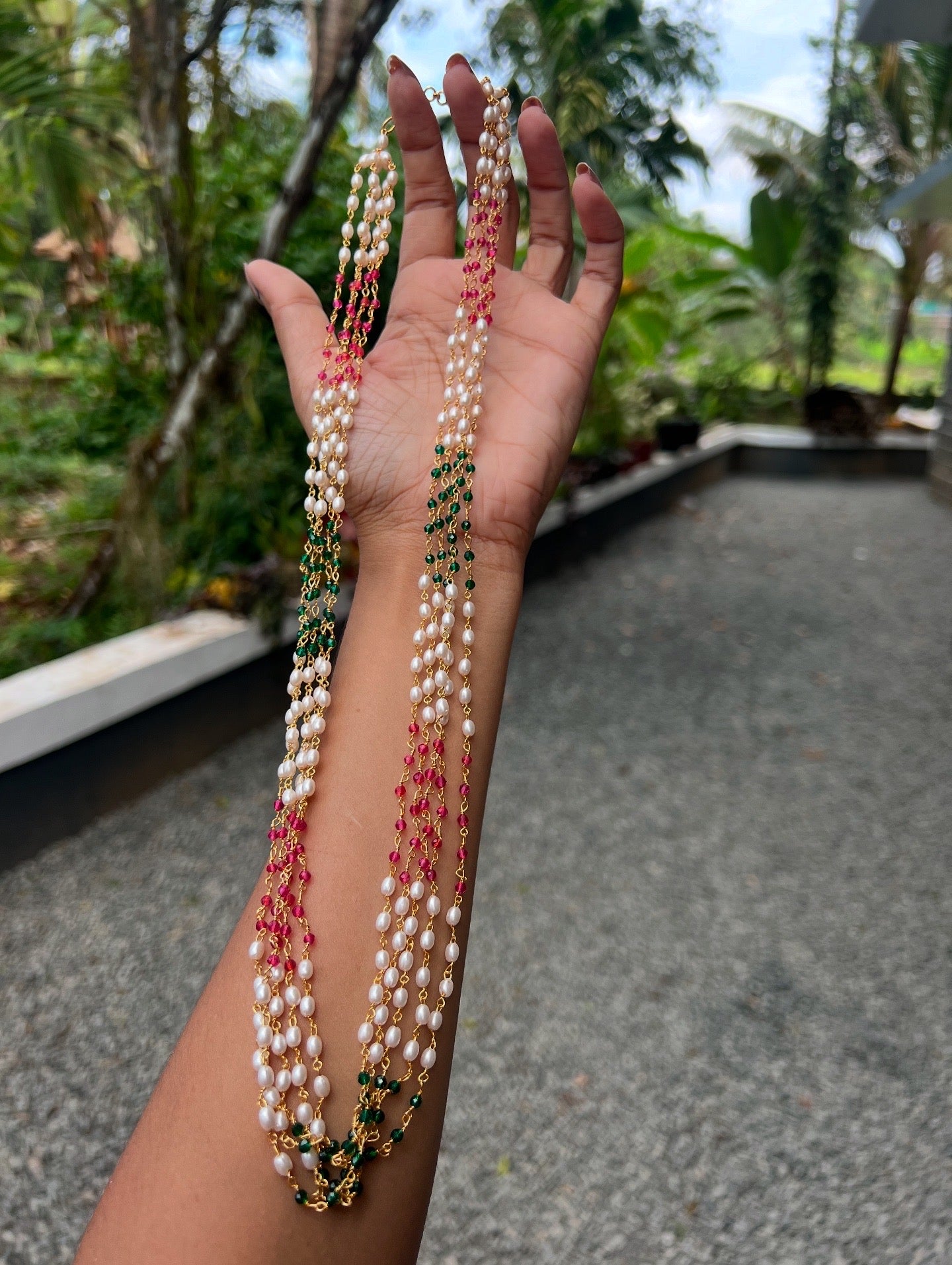 Premium 5layer Multi color long pearl Mala product code P18