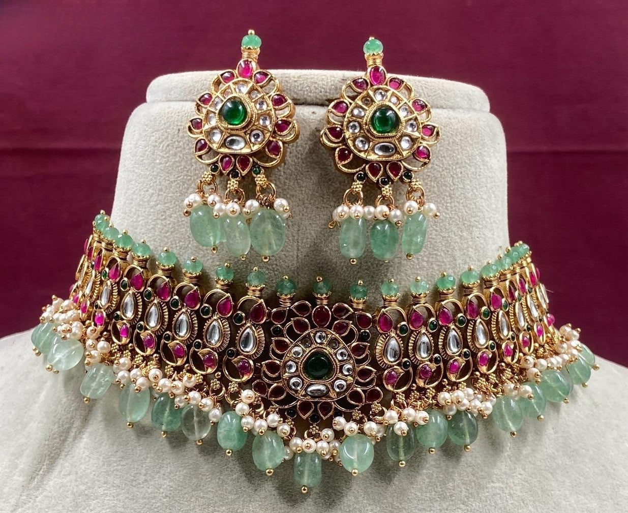 Gold plated Kundan stone pearl and beads choker set product code 825