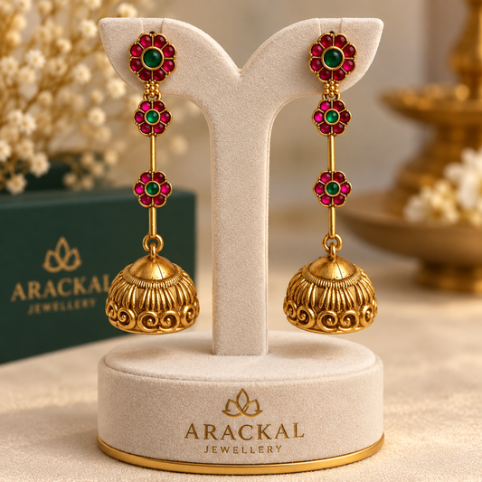 Premium traditional antique gold kemp long floral jhumka earrings featuring red and green stones product code E232