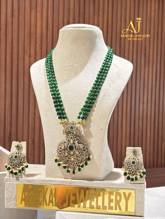 Premium emerald green beads 3 layer long Victorian pendant haram set product code N232