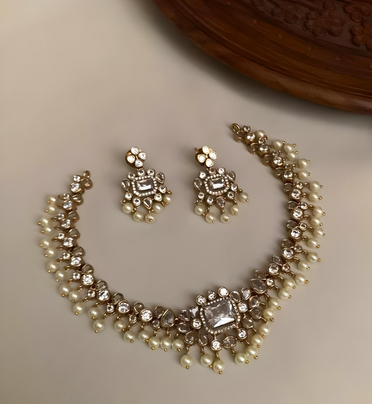 AD Stone Golden Grace jadau Kundan  Necklace Set product code 435