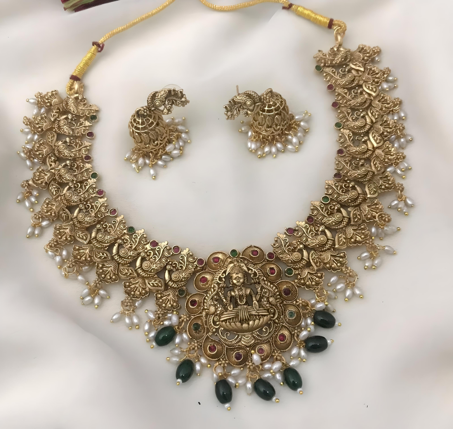 Lakshmi Peacock Hanging Rice Pearl Necklace Set