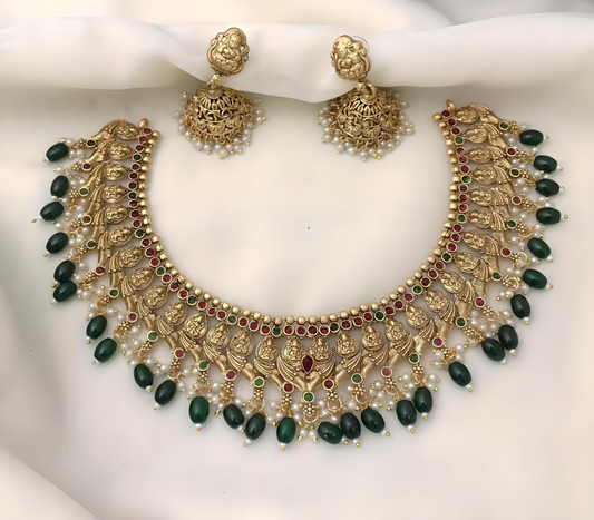 Designer Lakshmi Hanging Green Beads Necklace Set