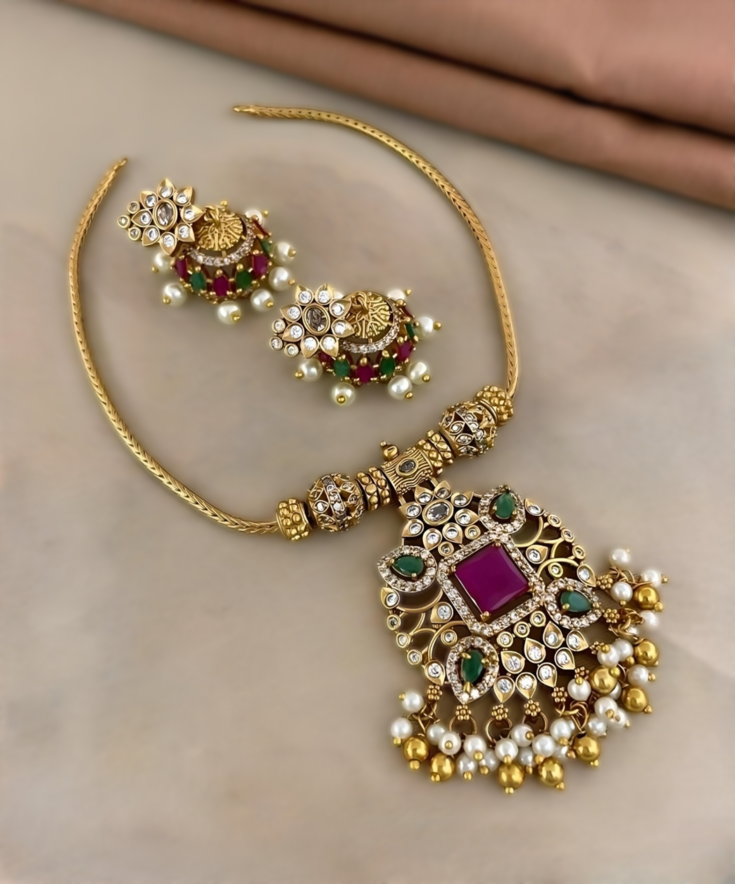 Premium Ruby Green Mix Necklace With Jhumka