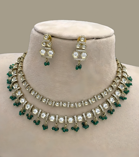 AD Stone Kundan Double Layered Necklace Set