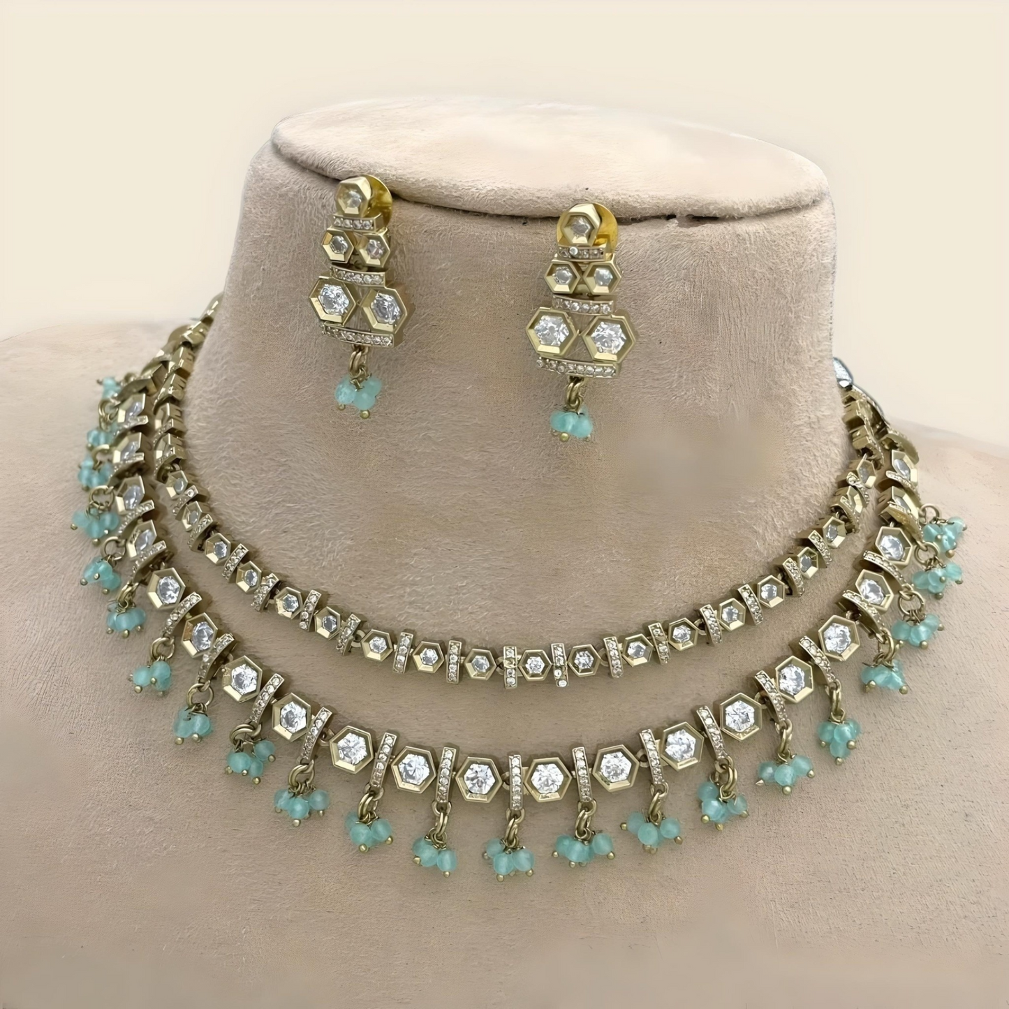 AD Stone Kundan Double Layered Necklace Set