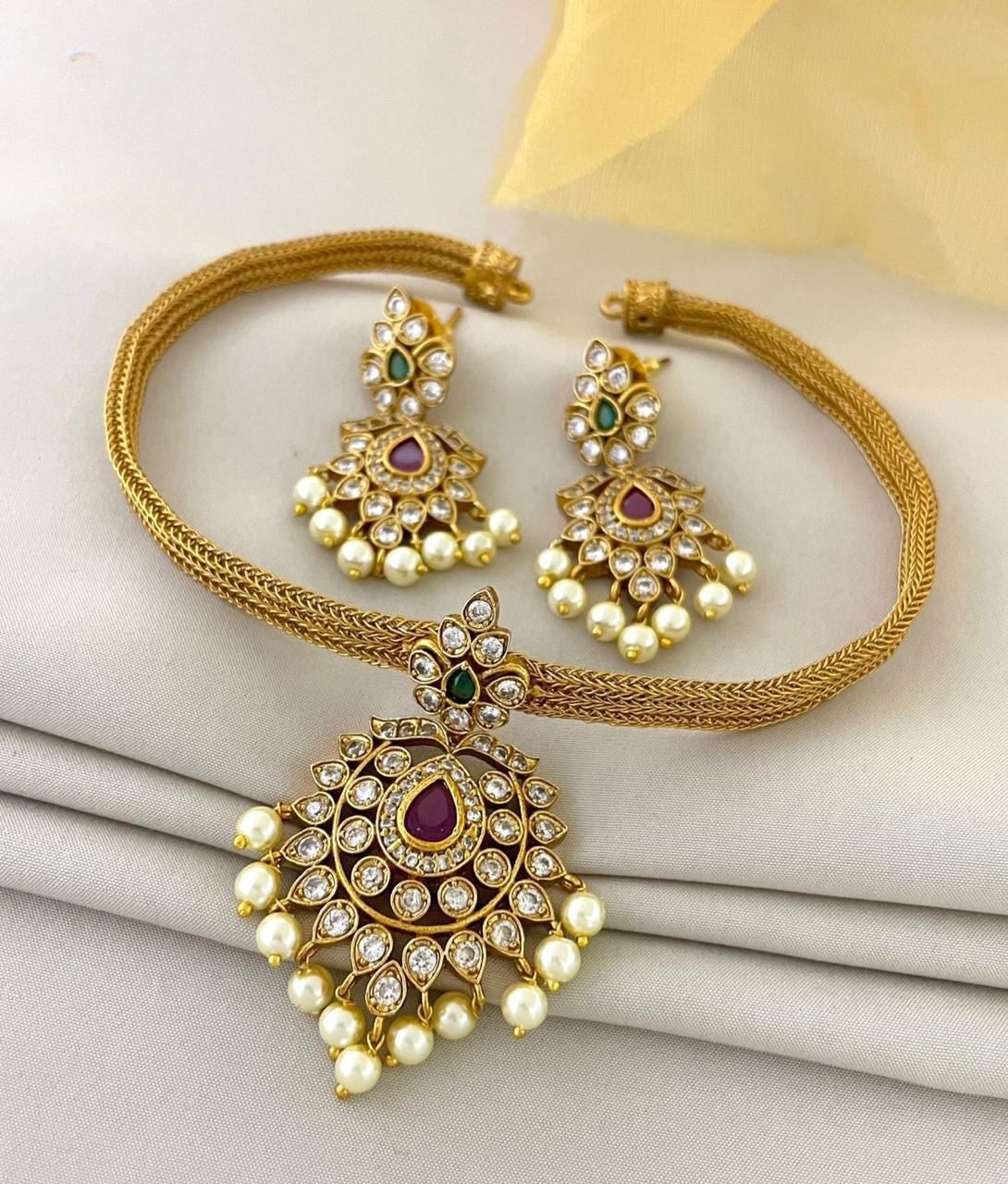 Traditional AD Stone Pearl Necklace Set