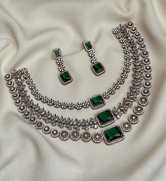 Designer Premium AD Emerald 3 Layer necklace Set