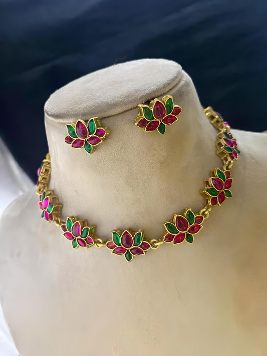 Ruby - Green Mix Lotus Kemp Choker Necklace Set