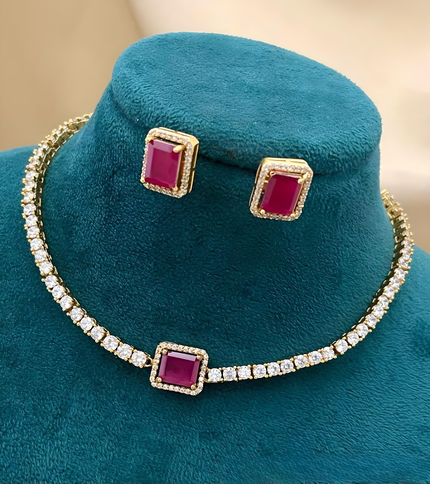 Premium Ruby diamond finish Choker Necklace Set