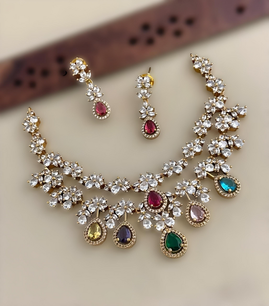 Multi color Premium Bridal Ad Stone necklace Set