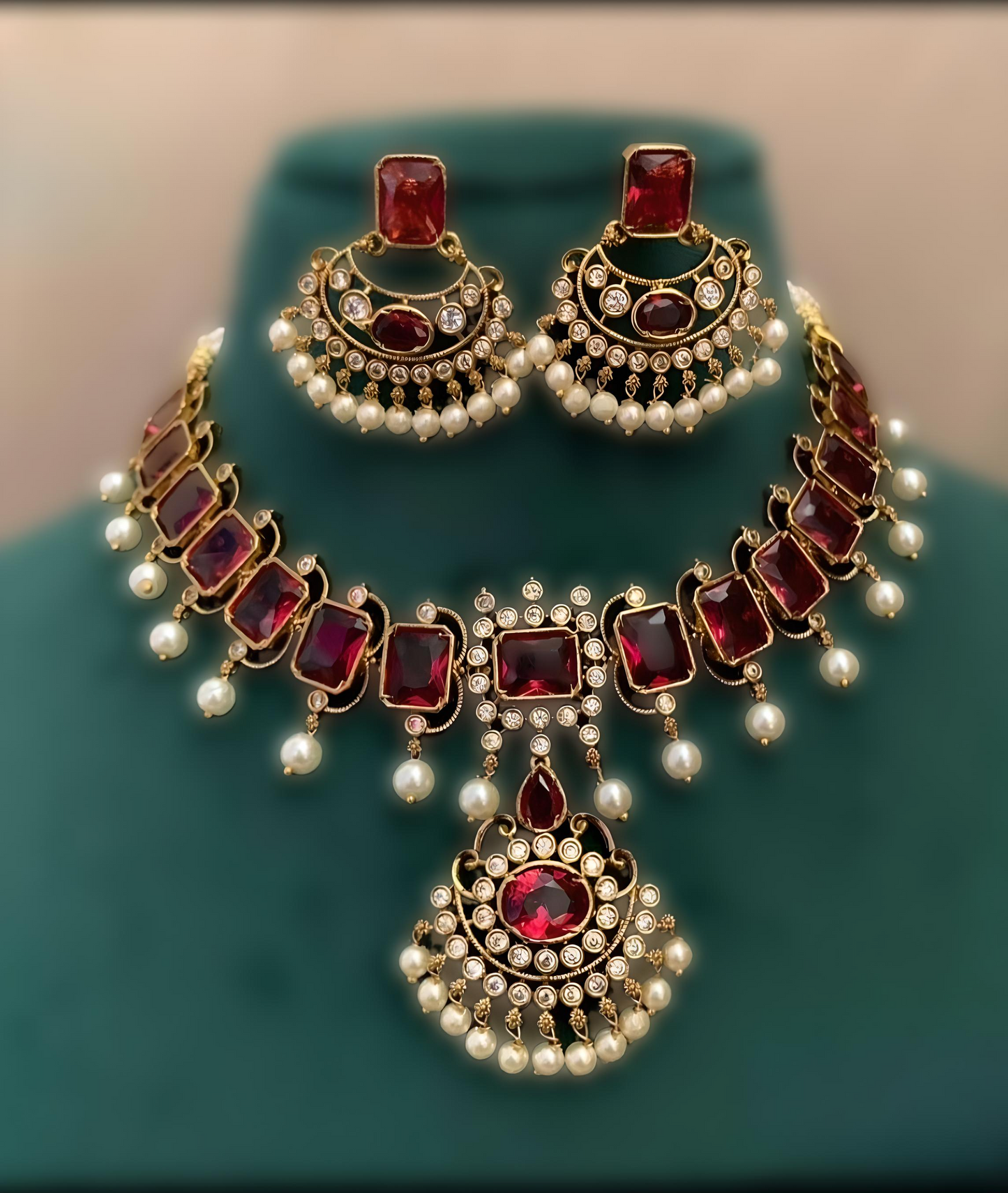 Premium Ruby AD Stone Bridal Necklace Set