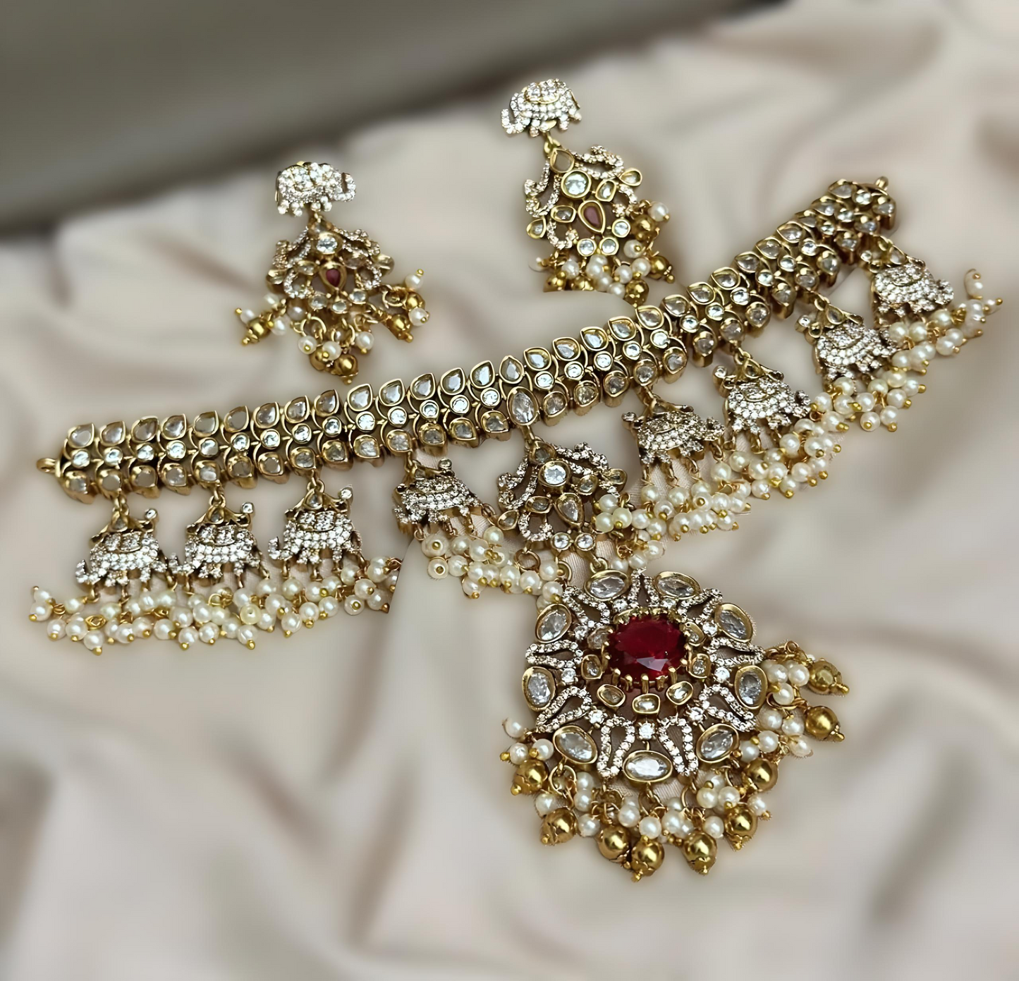 Premium Jadau Kundan Stone Pearl Hanging Bridal Choker Necklace Set