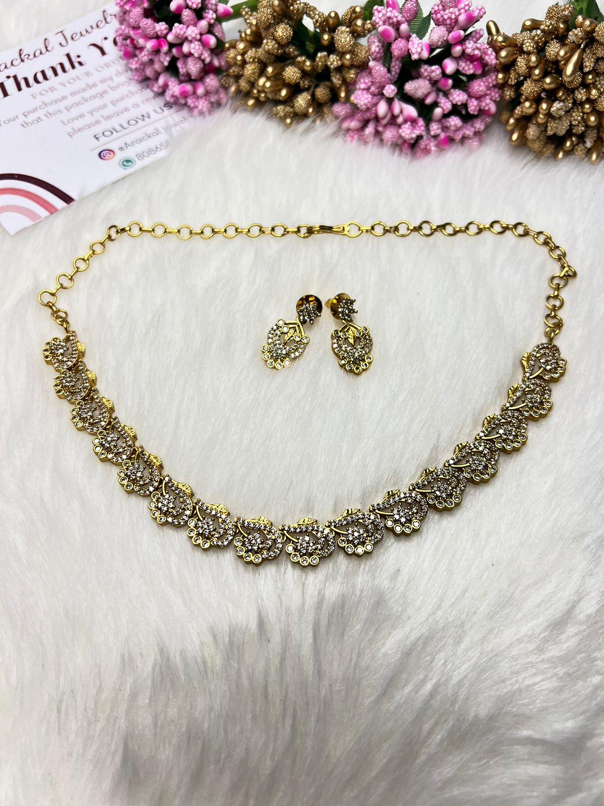 Golden Diamond Finish AD Stone Necklace Set