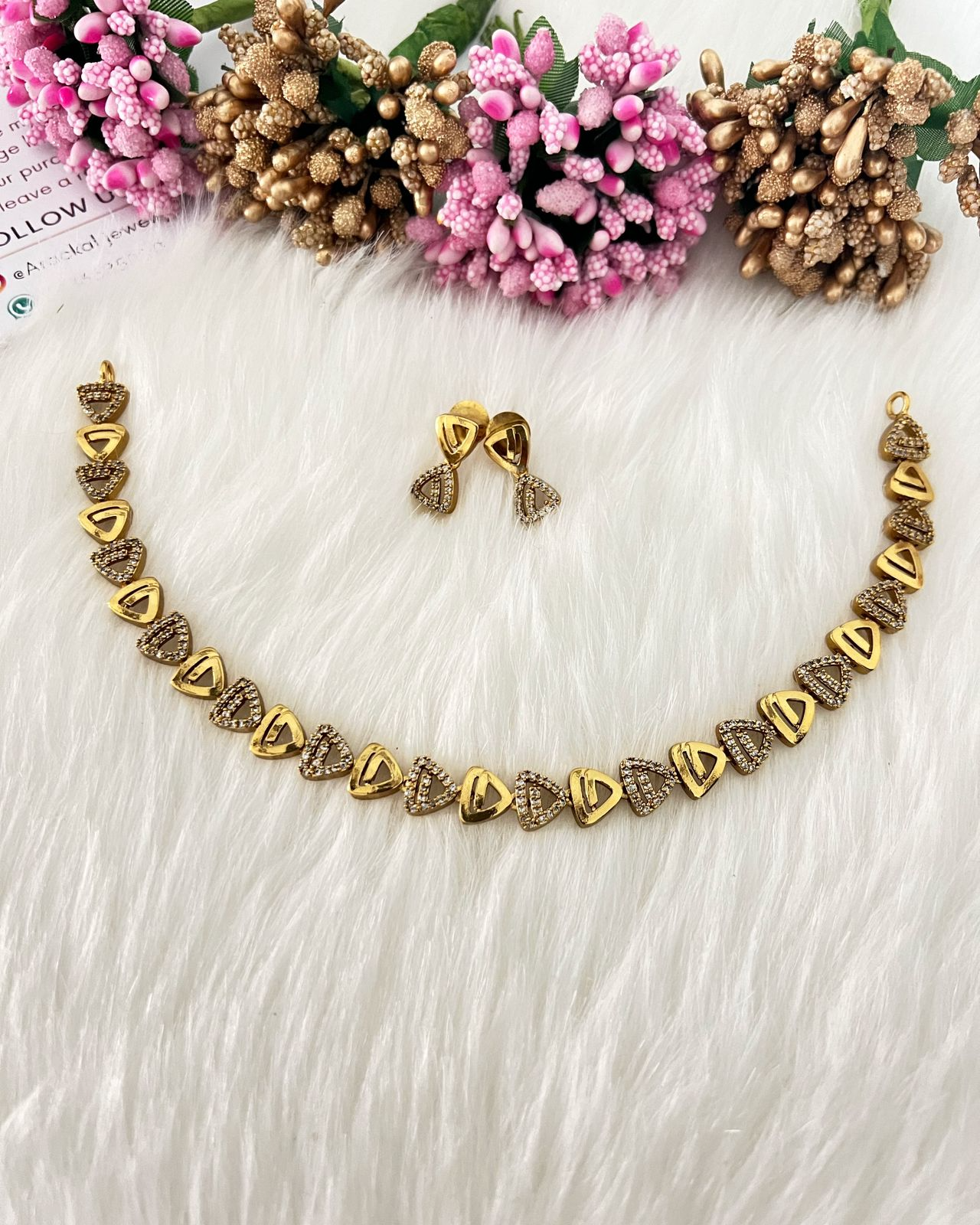 Golden Diamond Cut AD Stone necklace Set