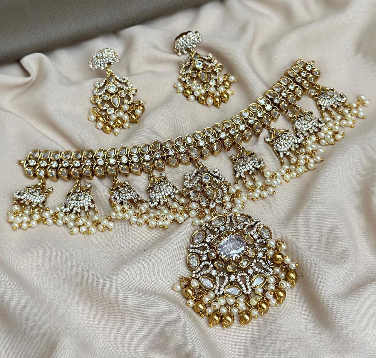 Premium Jadau Kundan stone Pearl hanging bridal choker Necklace Set product code 453