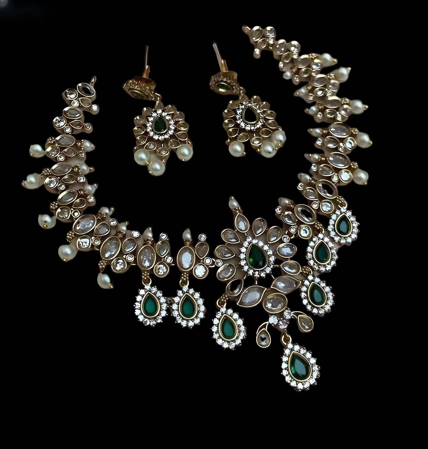 Premium Kundan Stone Emerald Necklace Set