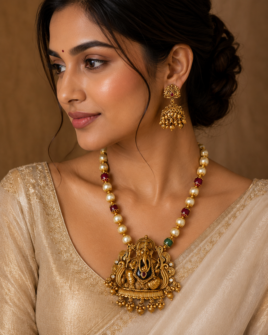 Premium antique gold pearl finish short haram with jhumka product code H21