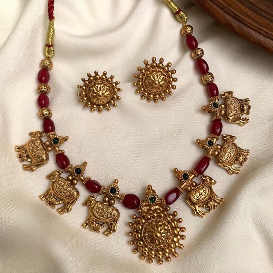 Premium quality gomatha floral gold and  ruby green necklace set product code T97