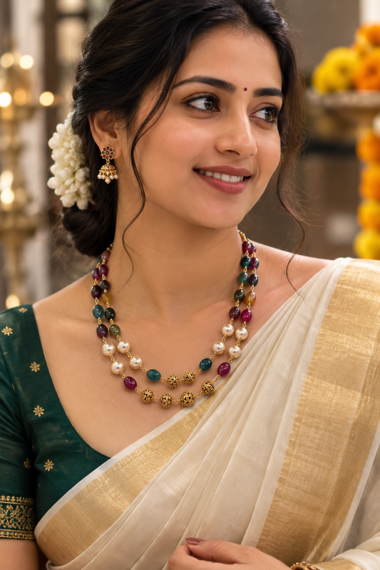 Premium sparkling Swarovski crystals and luxurious Hyderabad pearls 2layer necklace product code P111