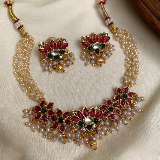 Premium lotus with pearl fusion layer Necklace code d146