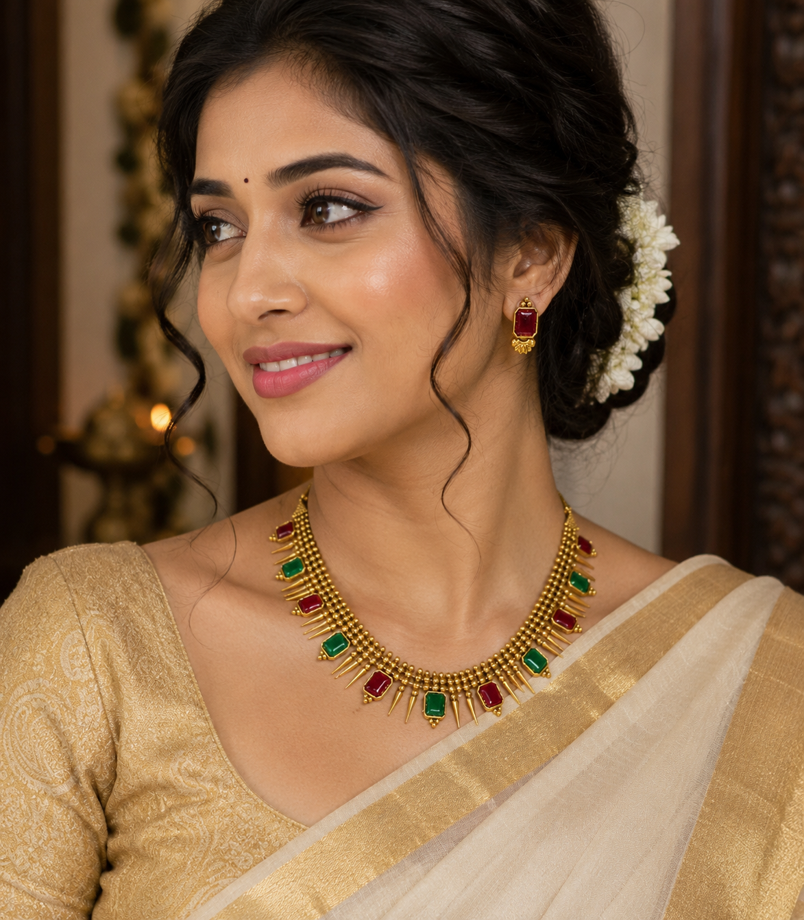 Premium quality antique gold traditional Kerala-style Mulla Mottu necklace set product code T115