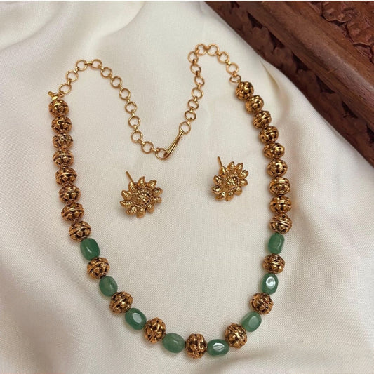 Premium green beads and gold ball necklace with stud product code T85