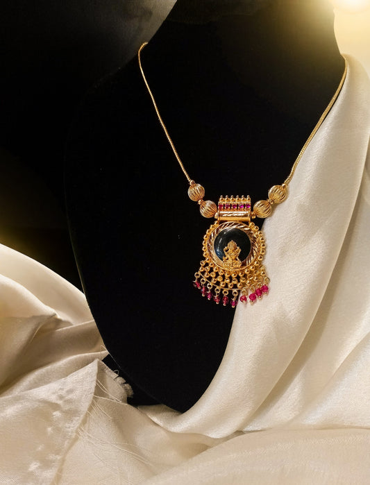 Classy traditional gold plated ruby stone palakka lakshmi devi necklace product code N48
