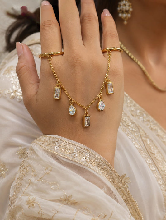 Premium 18K gold-plated anti-tarnish hand chain ring is decorated with baguette and pear-shaped cubic zirconia crystals product code R60