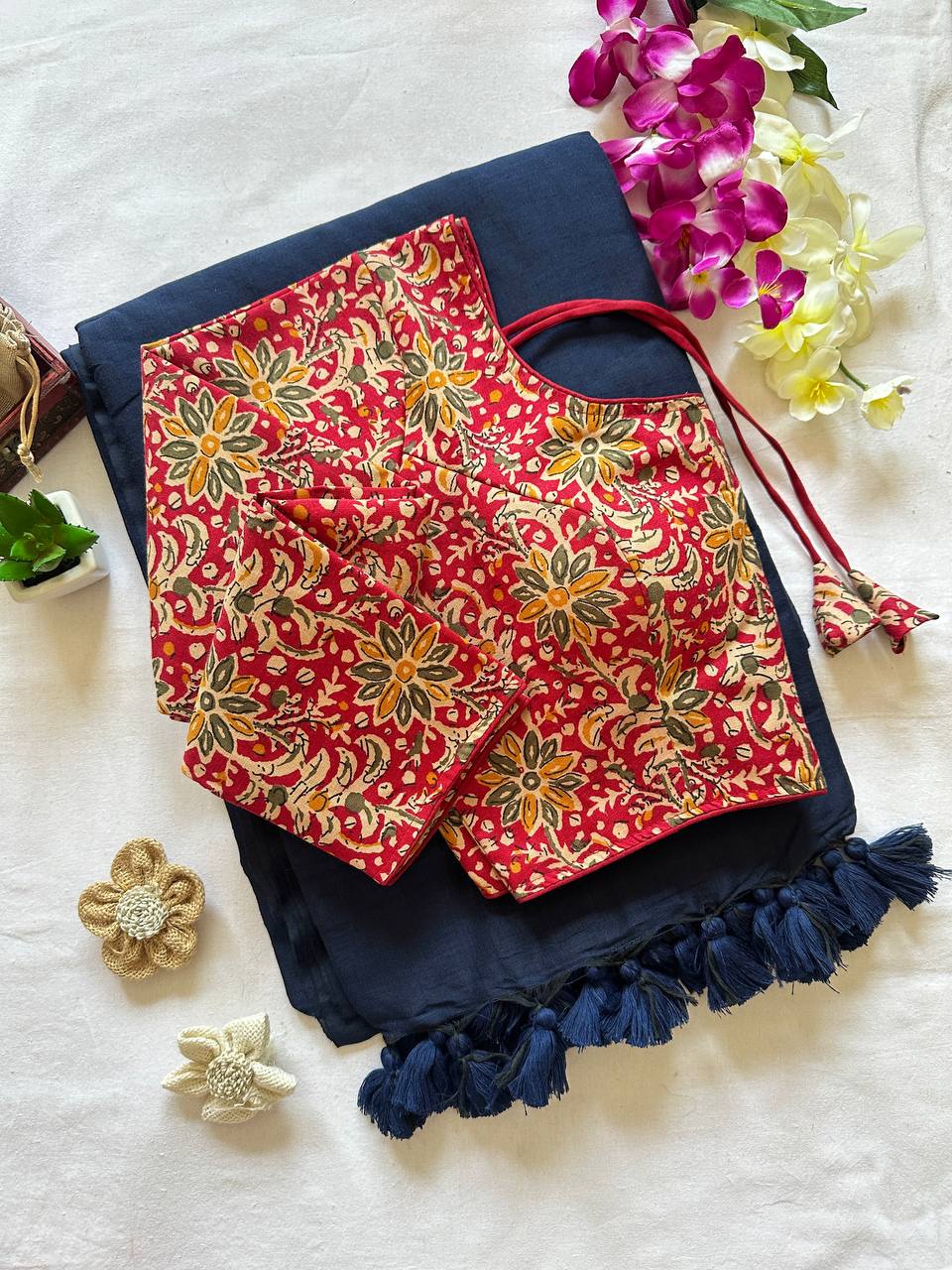 Pure khadi cotton saree with stiched full sleeve ajarkh blouse