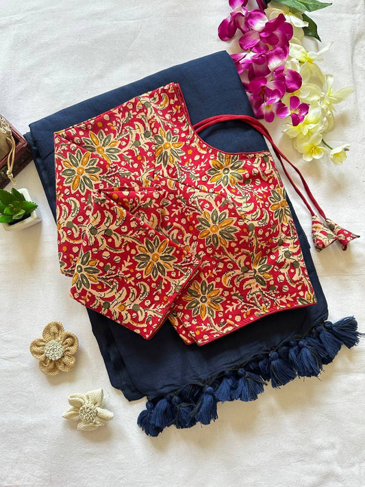 Pure khadi cotton saree with stiched full sleeve ajarkh blouse