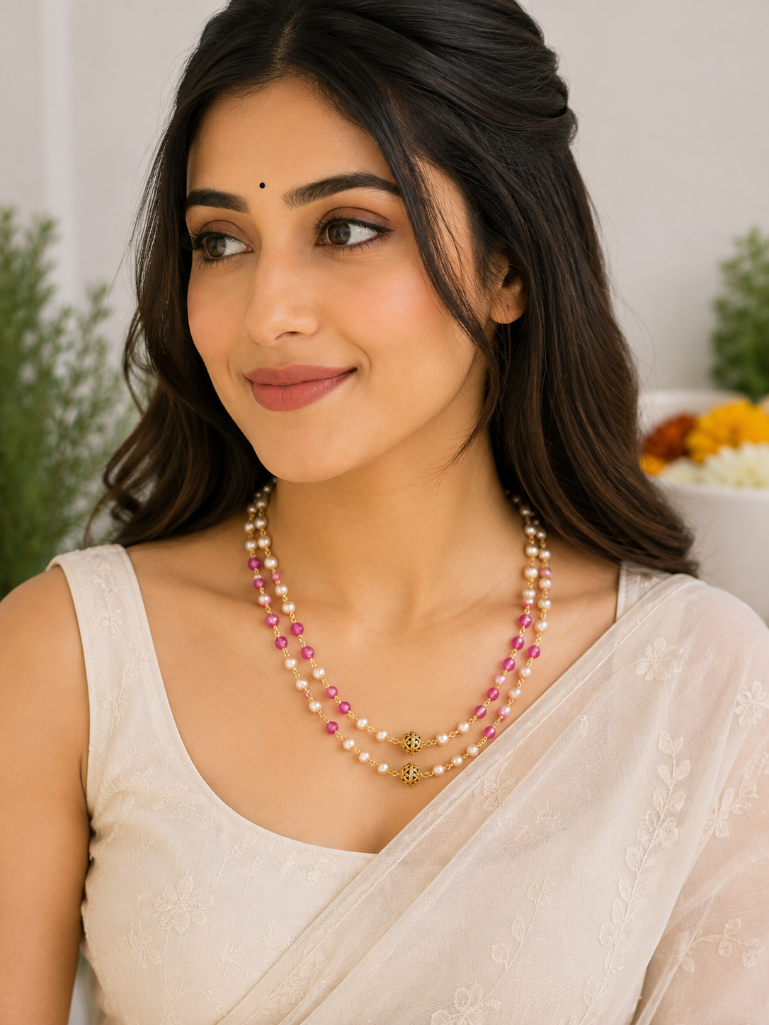 Premium two layers of gold-plated chains adorned with pearls and pink ruby-like beads product code P113