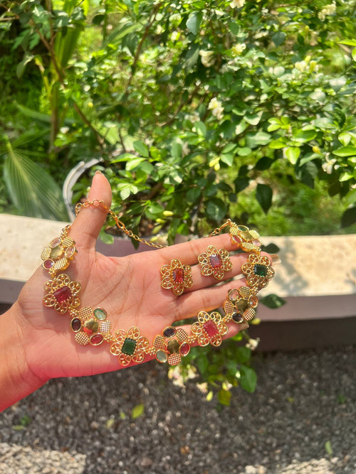 Premium quality  trending gold polish Multi color stone bridal necklace come choker set with back chain product code BN01
