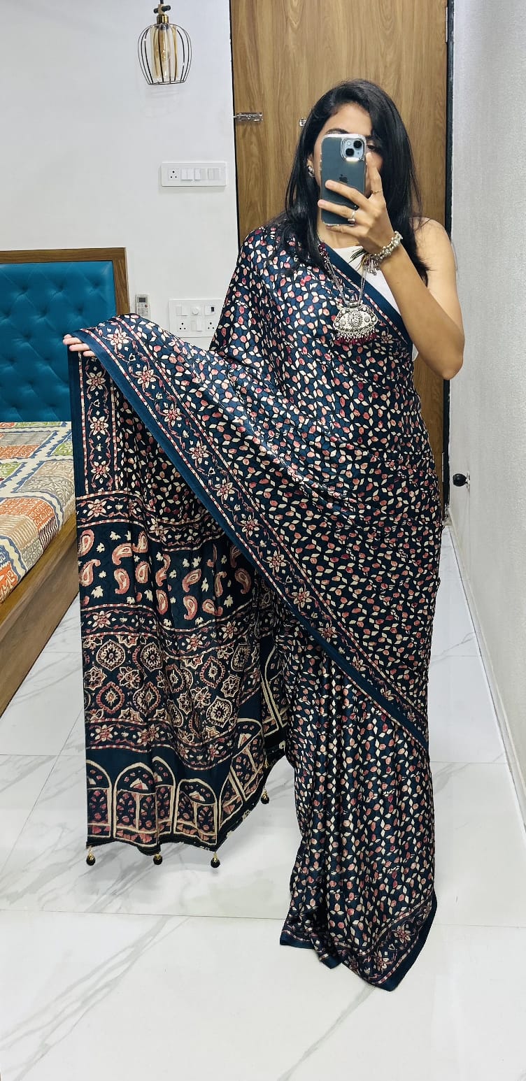 Semi gaji ajarkh soft silk saree with running blouse