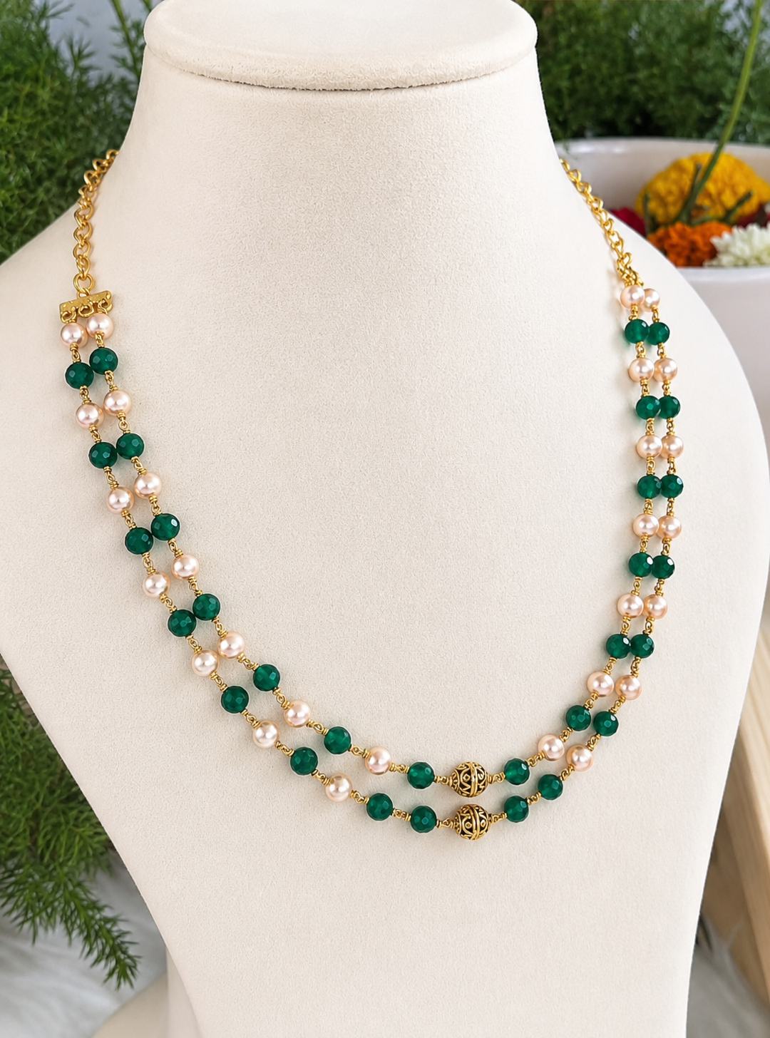 Premium double-layer emerald and pearl chain features intricate gold-plated filigree beads product code P114