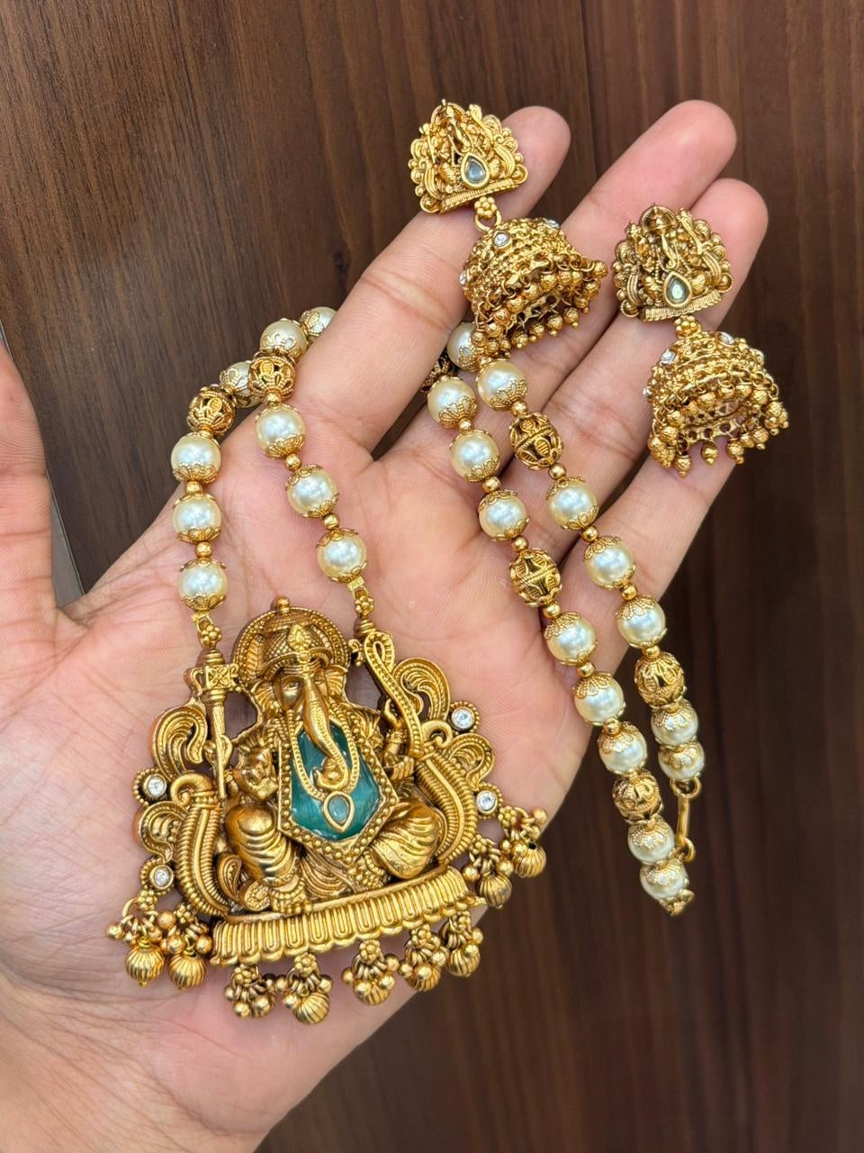 Premium antique gold pearl finish short haram with jhumka product code H21