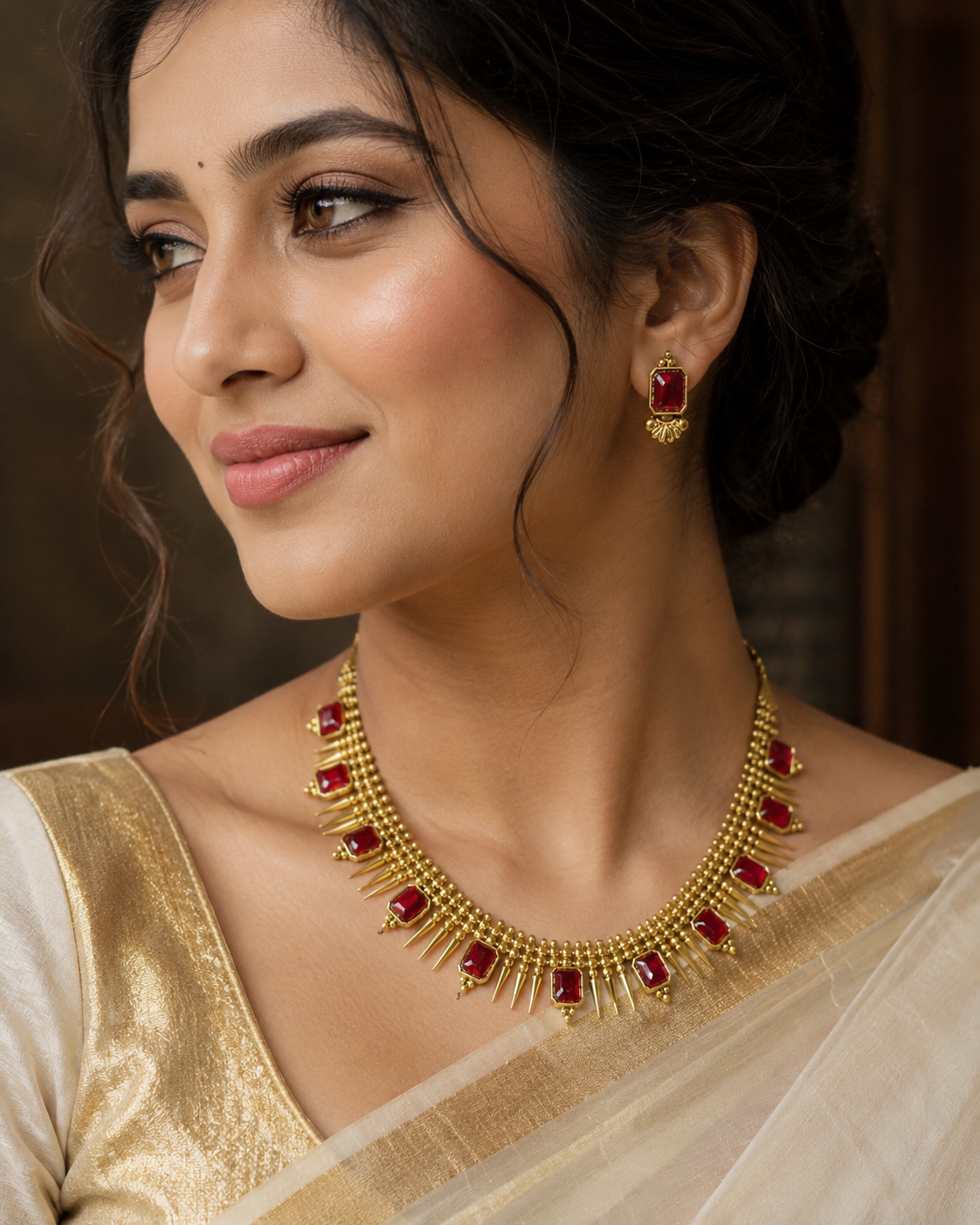 Premium quality antique gold traditional Kerala-style Mulla Mottu necklace set product code T115
