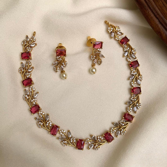 Premium floral ad ruby necklace set product code C12