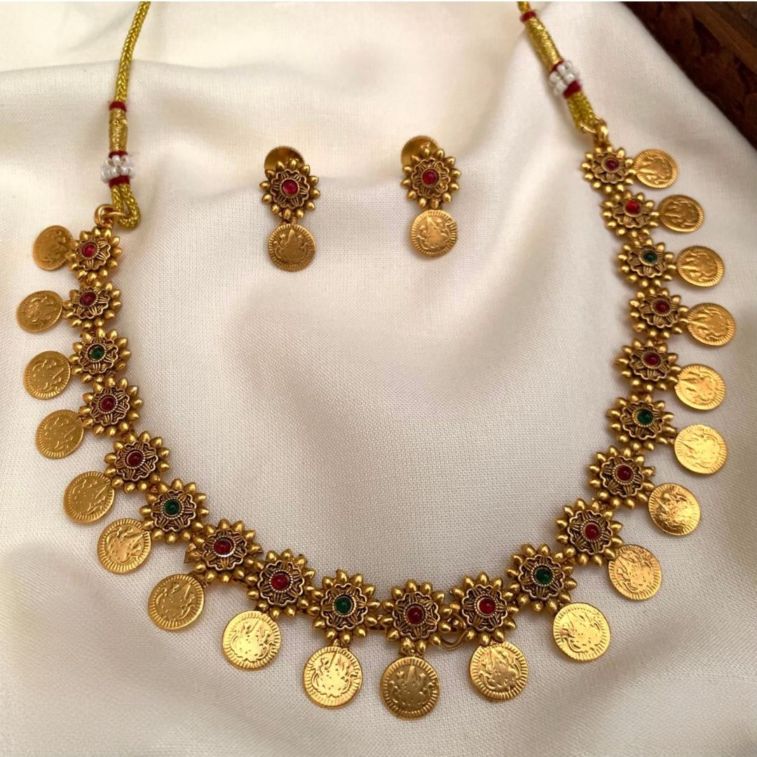 Premium antique gold floral coin fusion necklace set product code T93