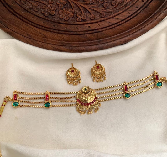 Premium gold plated traditional Kerala style choker set with ruby and emerald stones code T64