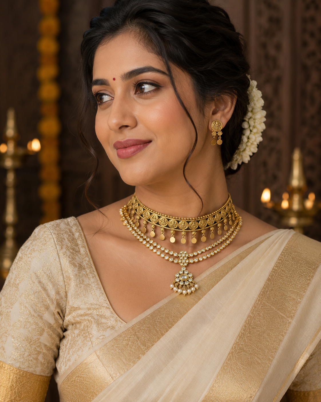 This combo of  Antique temple design necklace set from Cassa Signature features intricate coin motifs and dangling leaf and set of 2pair of earings product code T117
